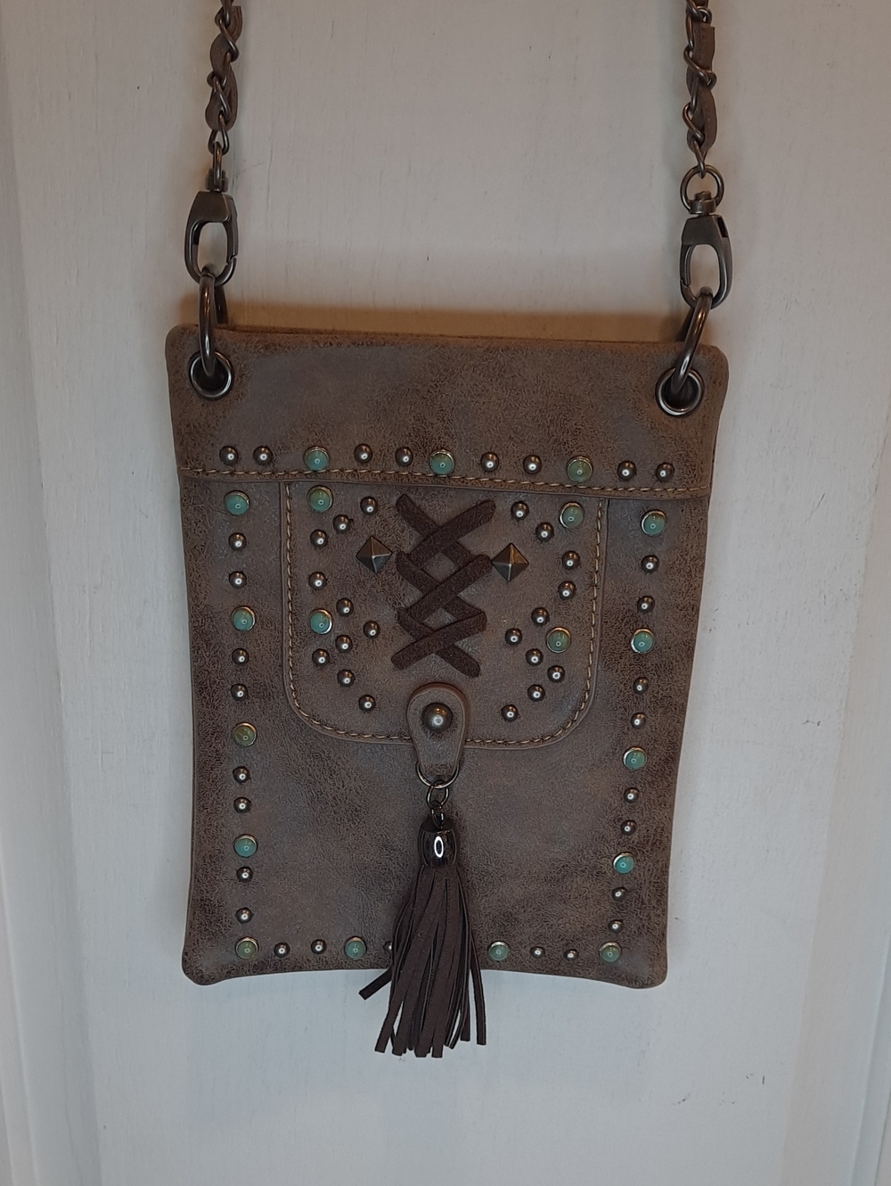 American Bling By Montana West Brown Crossbody Phone Bag Turquoise Studs Tassel